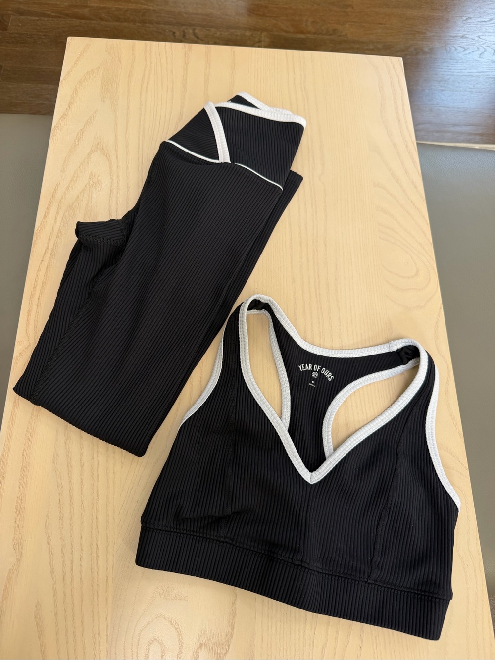 Year of Ours Black Ribbed Sports Bra and Leggings with White Trim -sold as a set